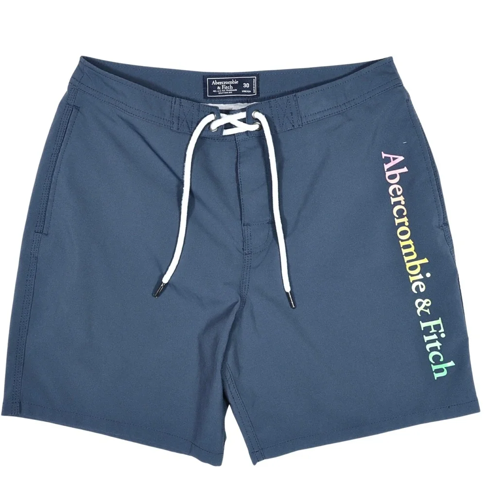 Abercrombie & Fitch Board Shorts Mens 30 Blue Rainbow Logo Stretch Beach Swim‎